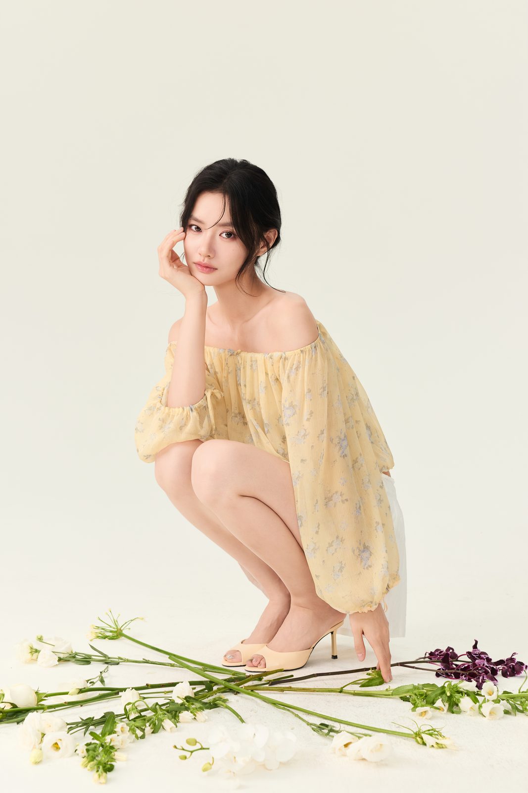 RomanceCity 花园午后 一字肩碎花灯笼袖抽绳雪纺上衣