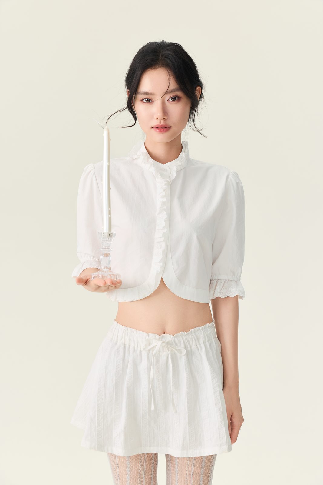 BasicSeries 南法少女 复古荷叶领花边泡泡袖短开衫